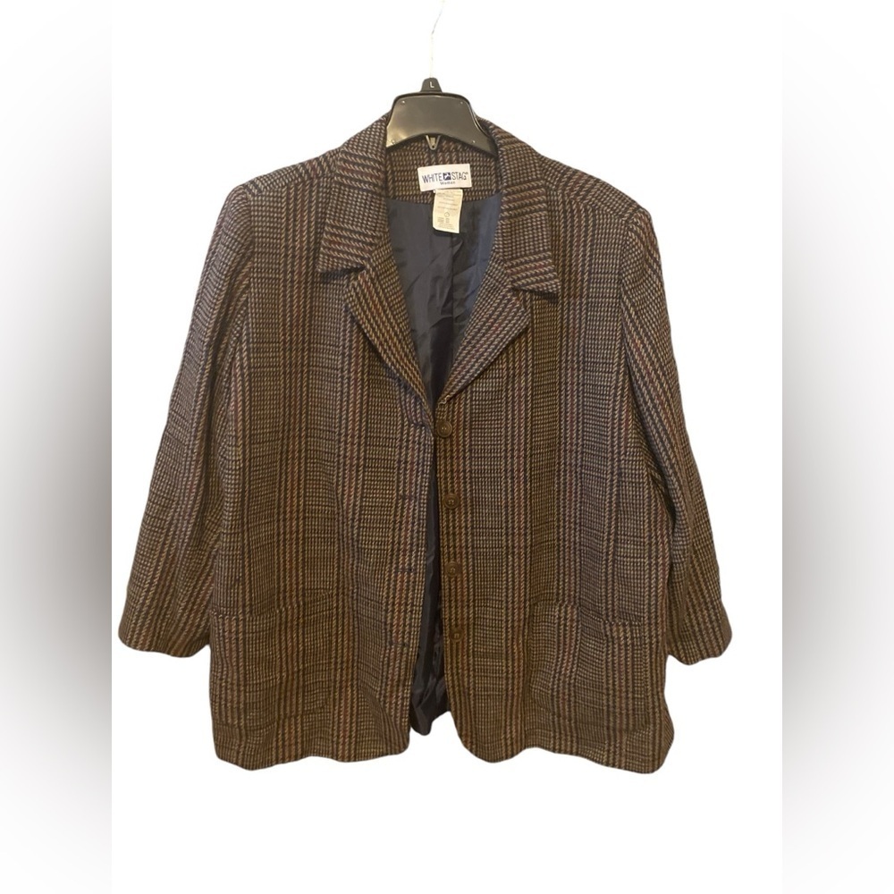 White Stag Womens Brown, Tan, Plaid Wool Blend Two Button Blazer. Size 26W